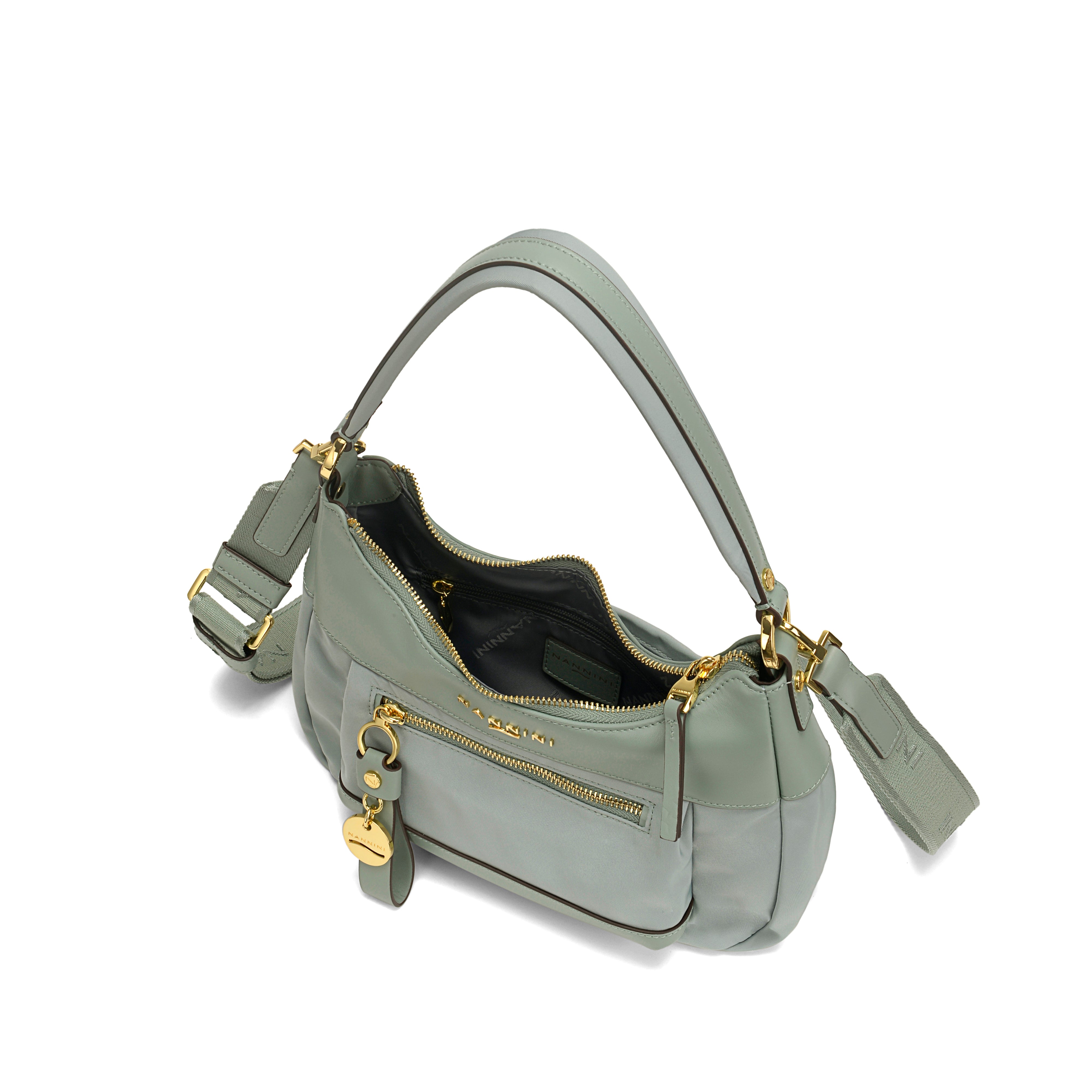 NANNINI borsa spalla donna pelle salvia catena oro borchiata
