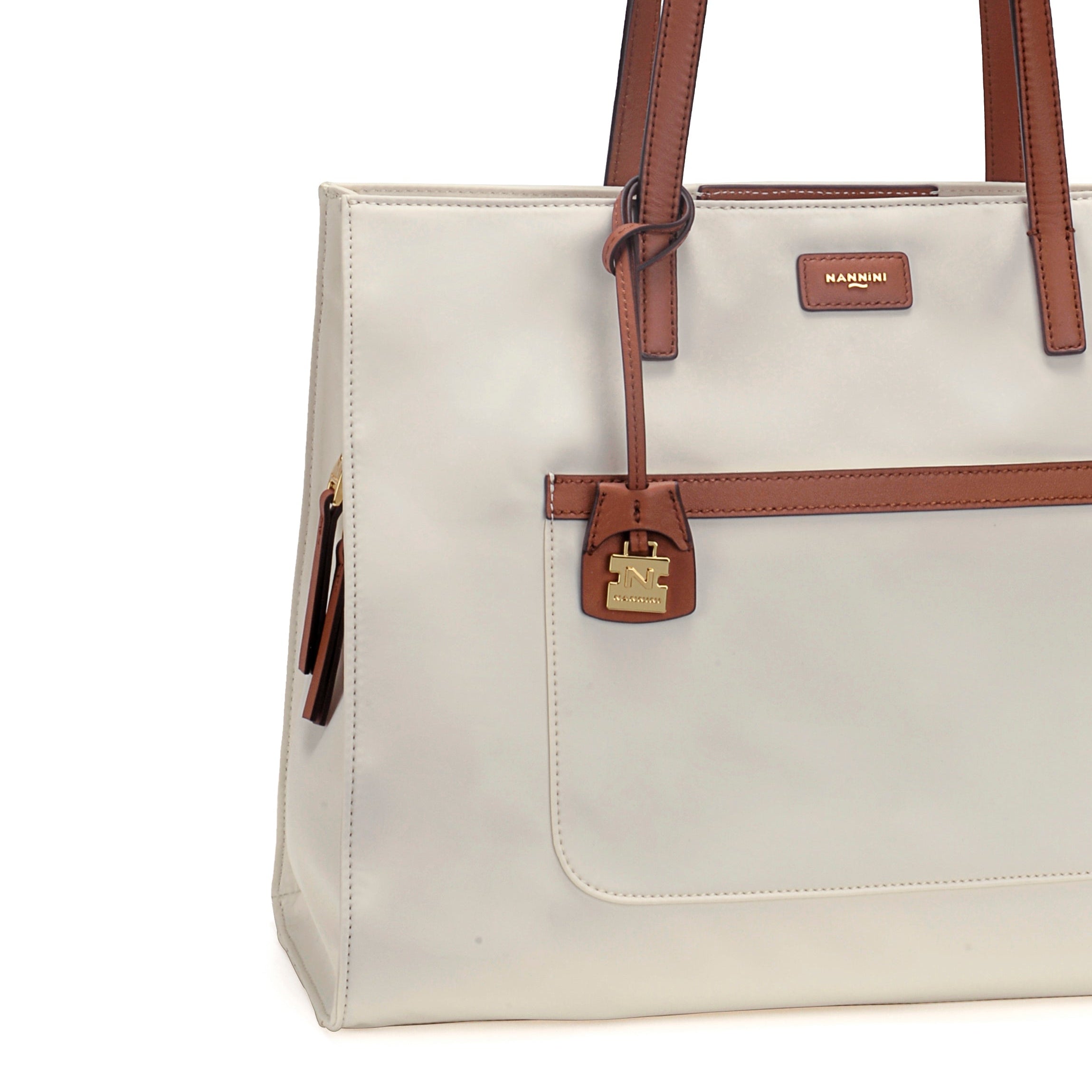 NANNINI Shopper Ecopelle Liscia Beige Dettagli Marroni Logo