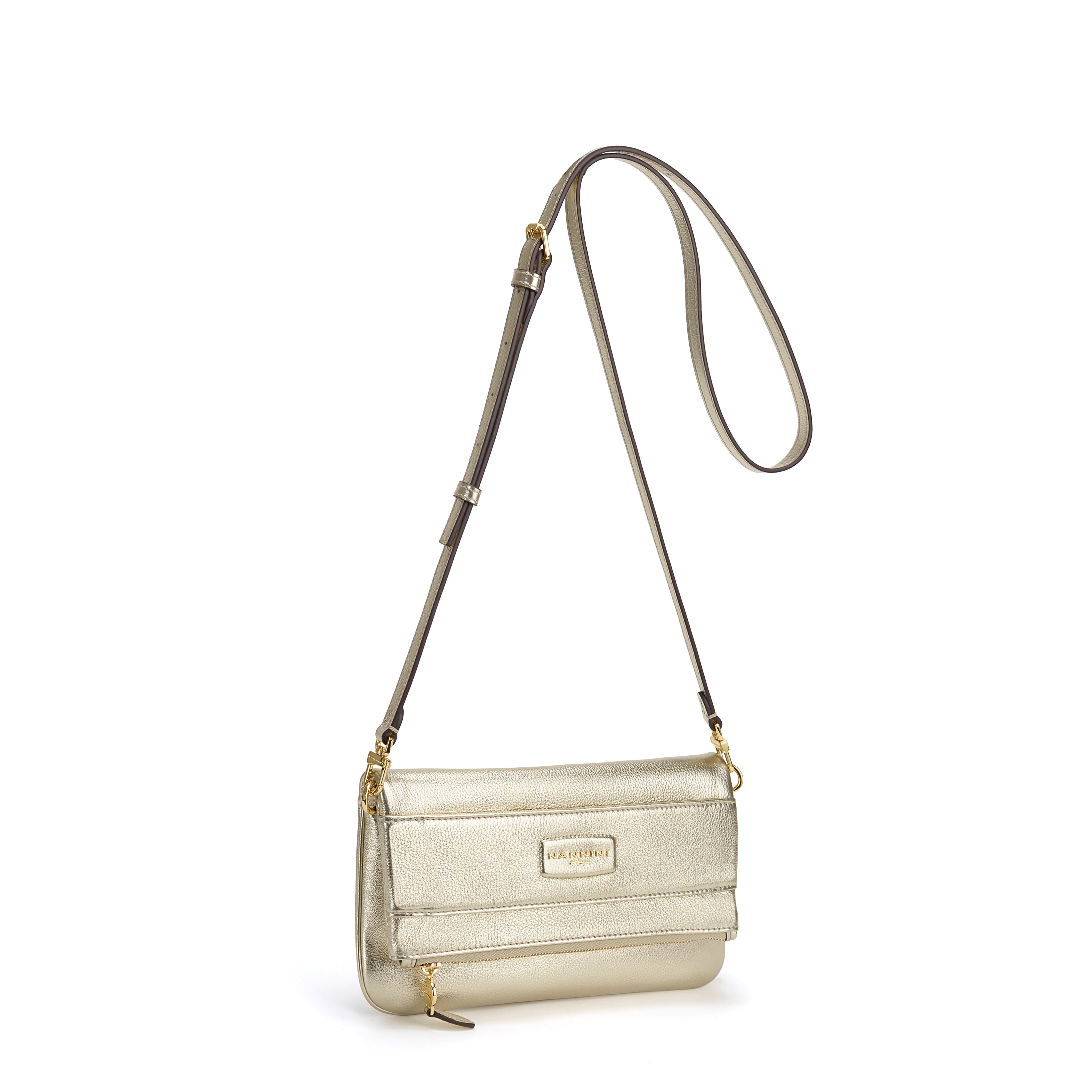 NANNINI borsa spalla donna metallizzata laminata oro catena