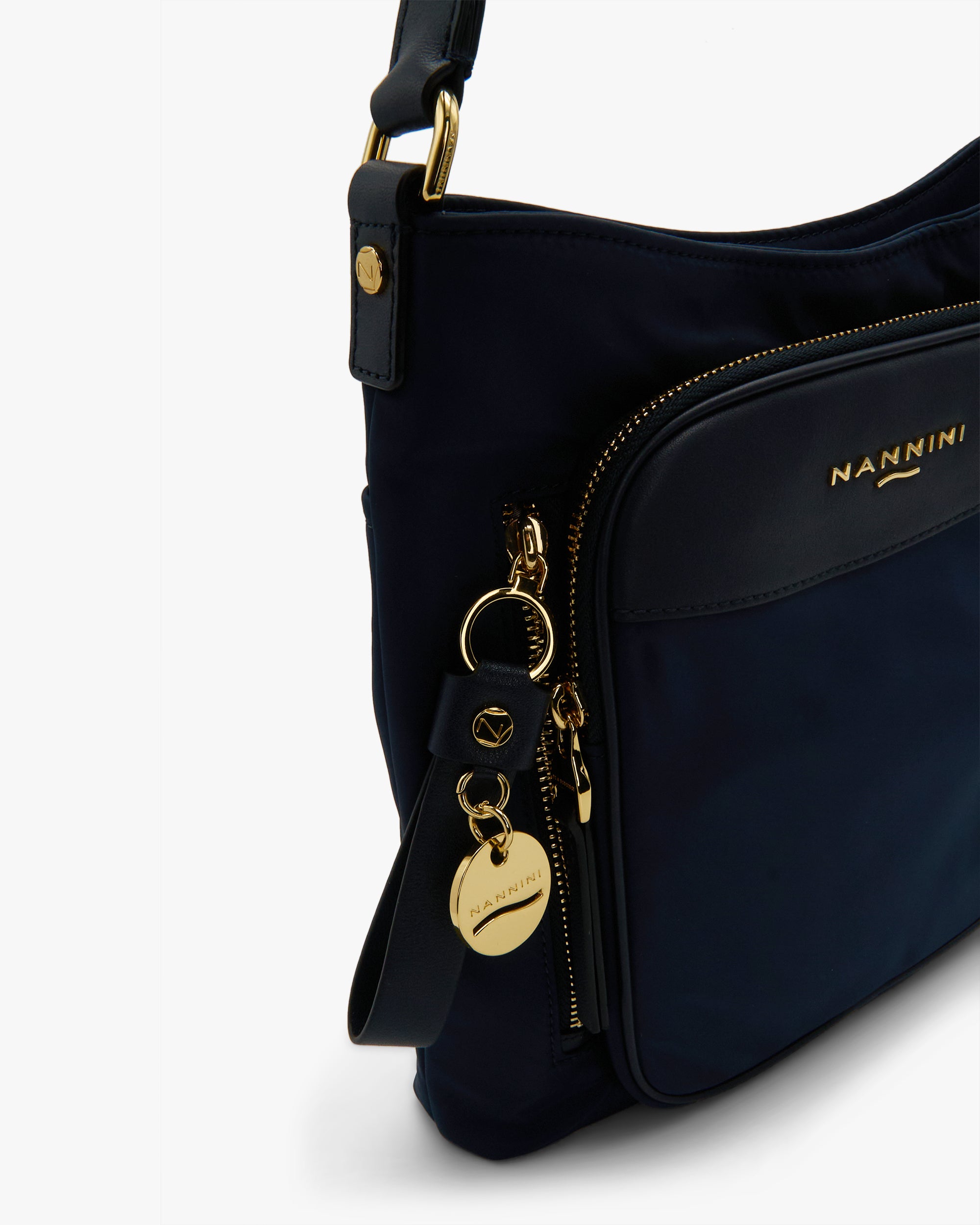 NANNINI tracolla pelle lucida marrone logo metallo frontale donna