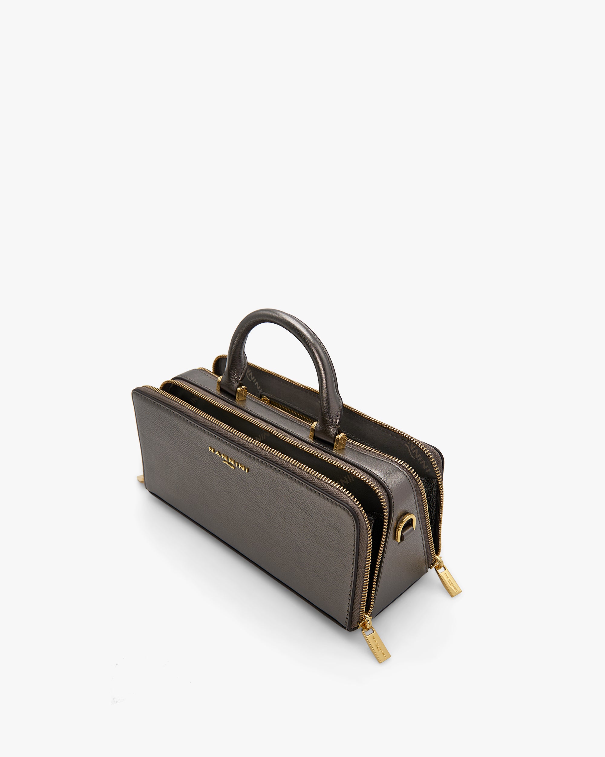 NANNINI tracolla pelle lucida marrone logo metallo