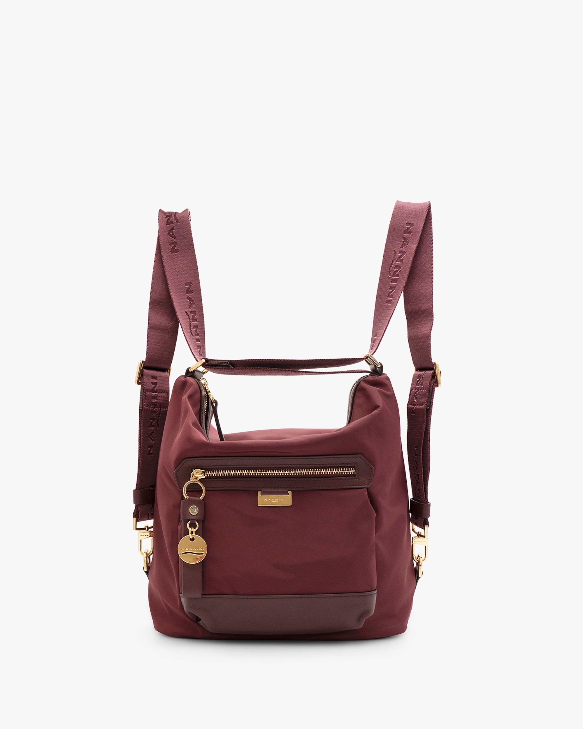 NANNINI borsa secchiello pelle marrone manico intrecciato logo oro