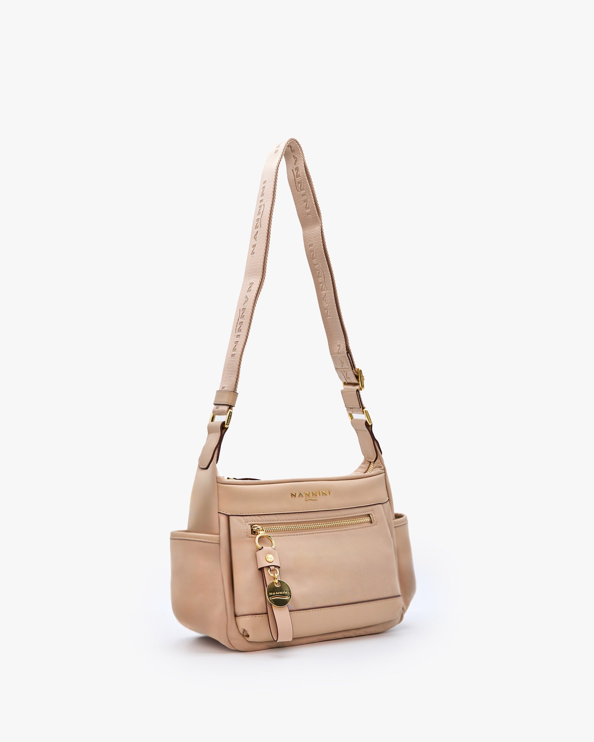 NANNINI shopper tessuto marrone righe manici pelle gold
