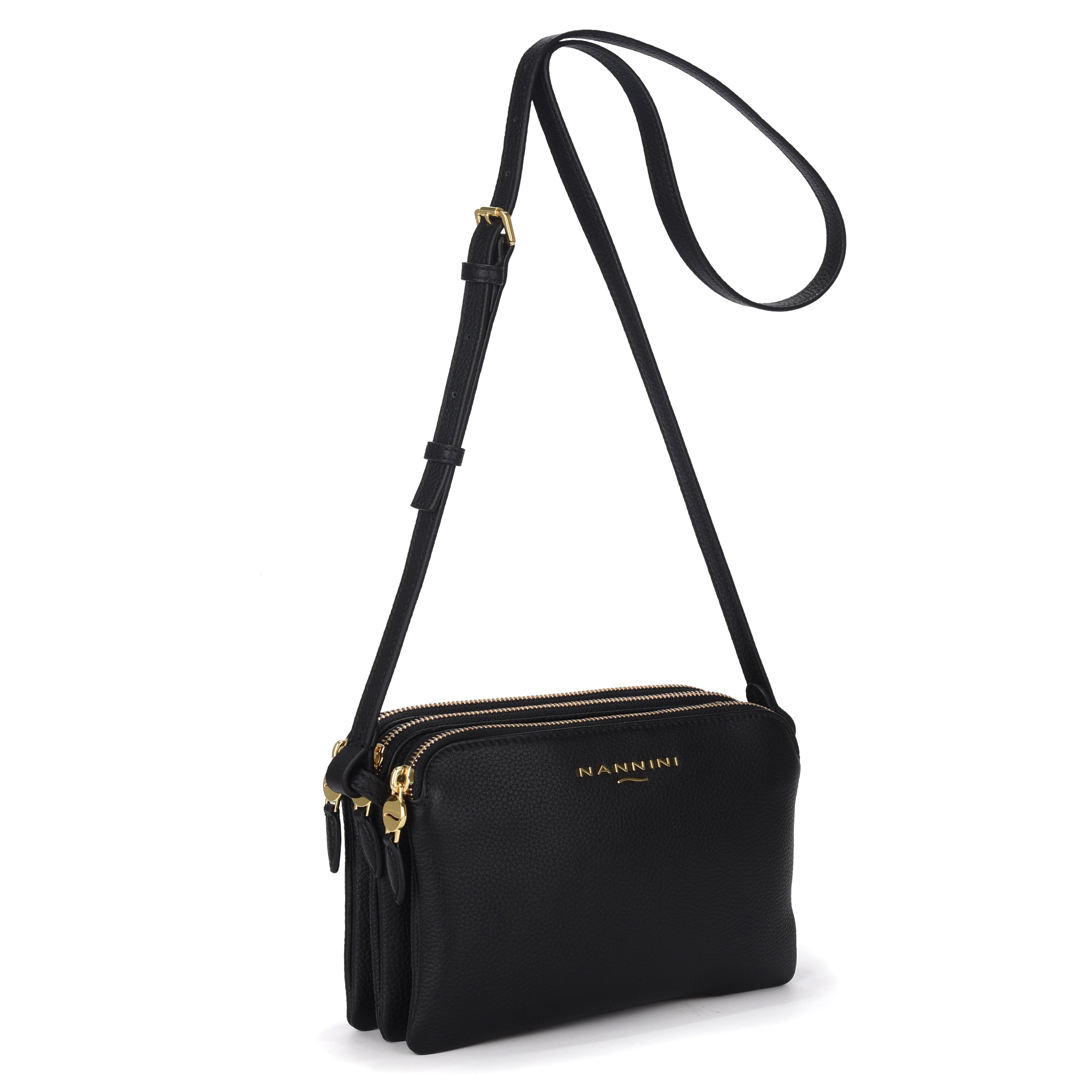 NANNINI borsa spalla martellata nera chiusura metallo oro