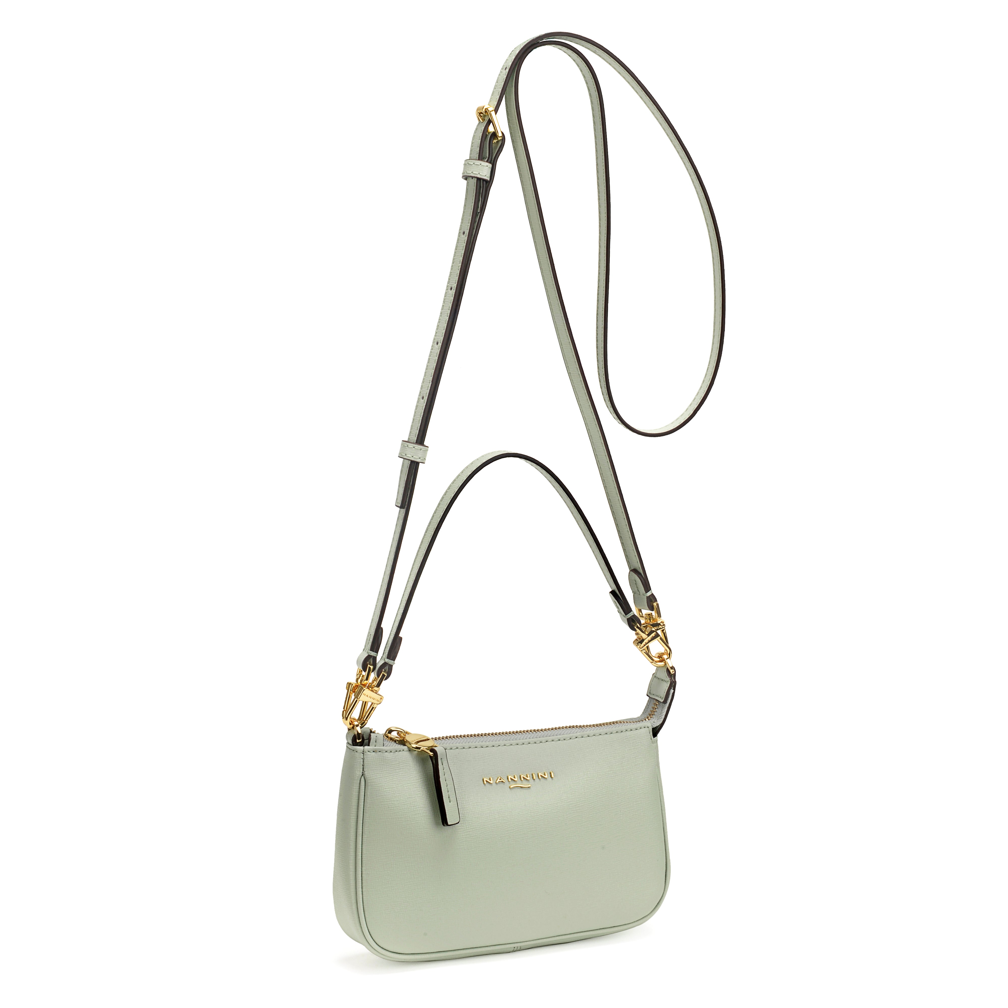 NANNINI borsa secchiello pelle verde salvia intrecciata manico tracolla