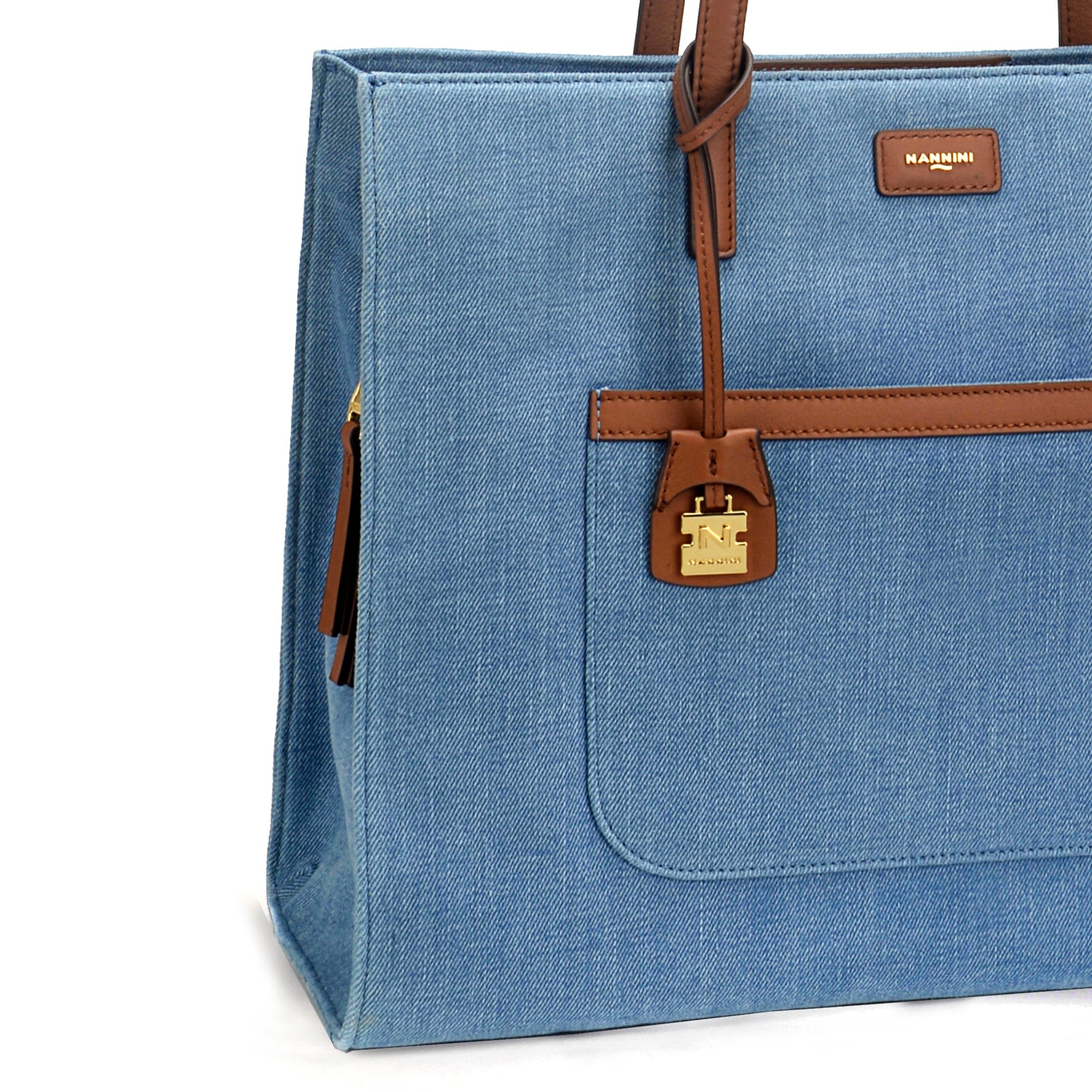 NANNINI shopper jeans cuoio tasche metallo tracolla interna