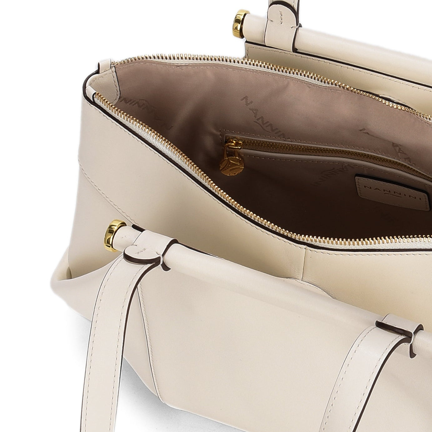 NANNINI Borsa a Mano Pelle Martellata Bianca Con Manici Neri