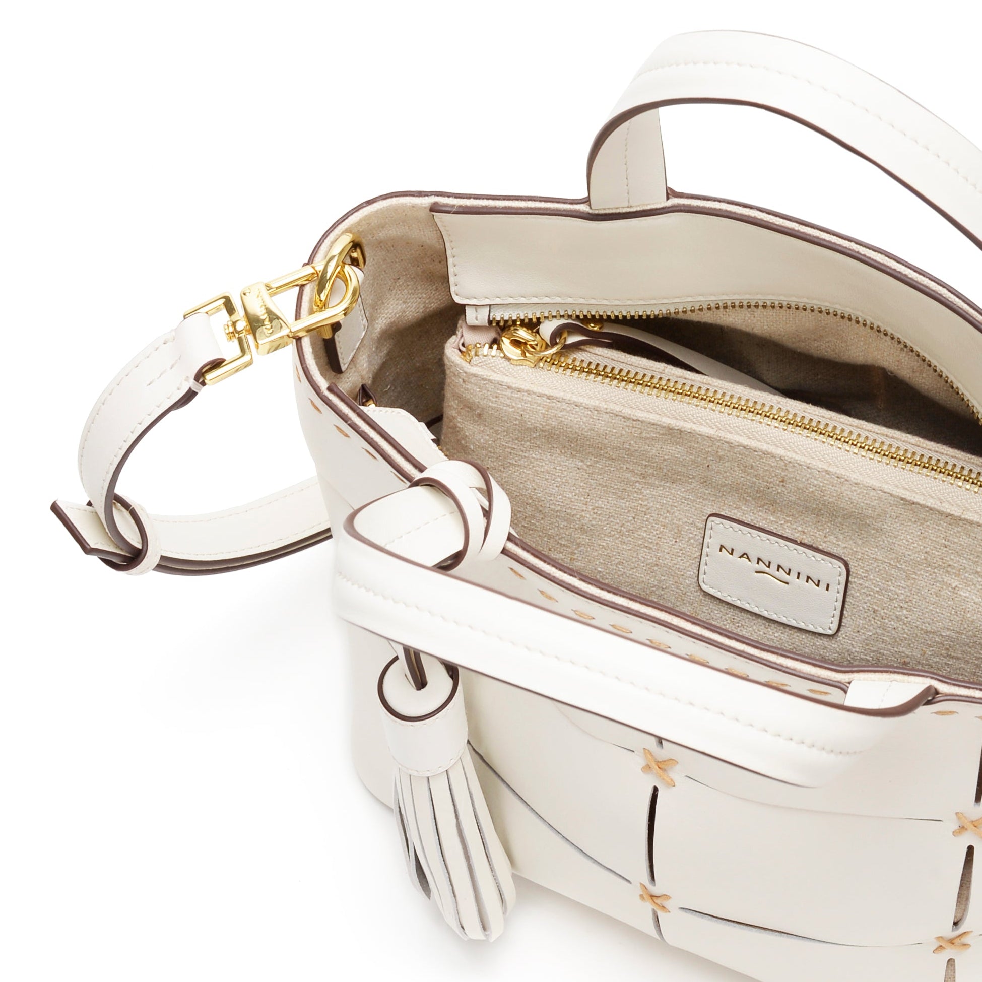 NANNINI borsa secchiello pelle saffiano nera off-white catena