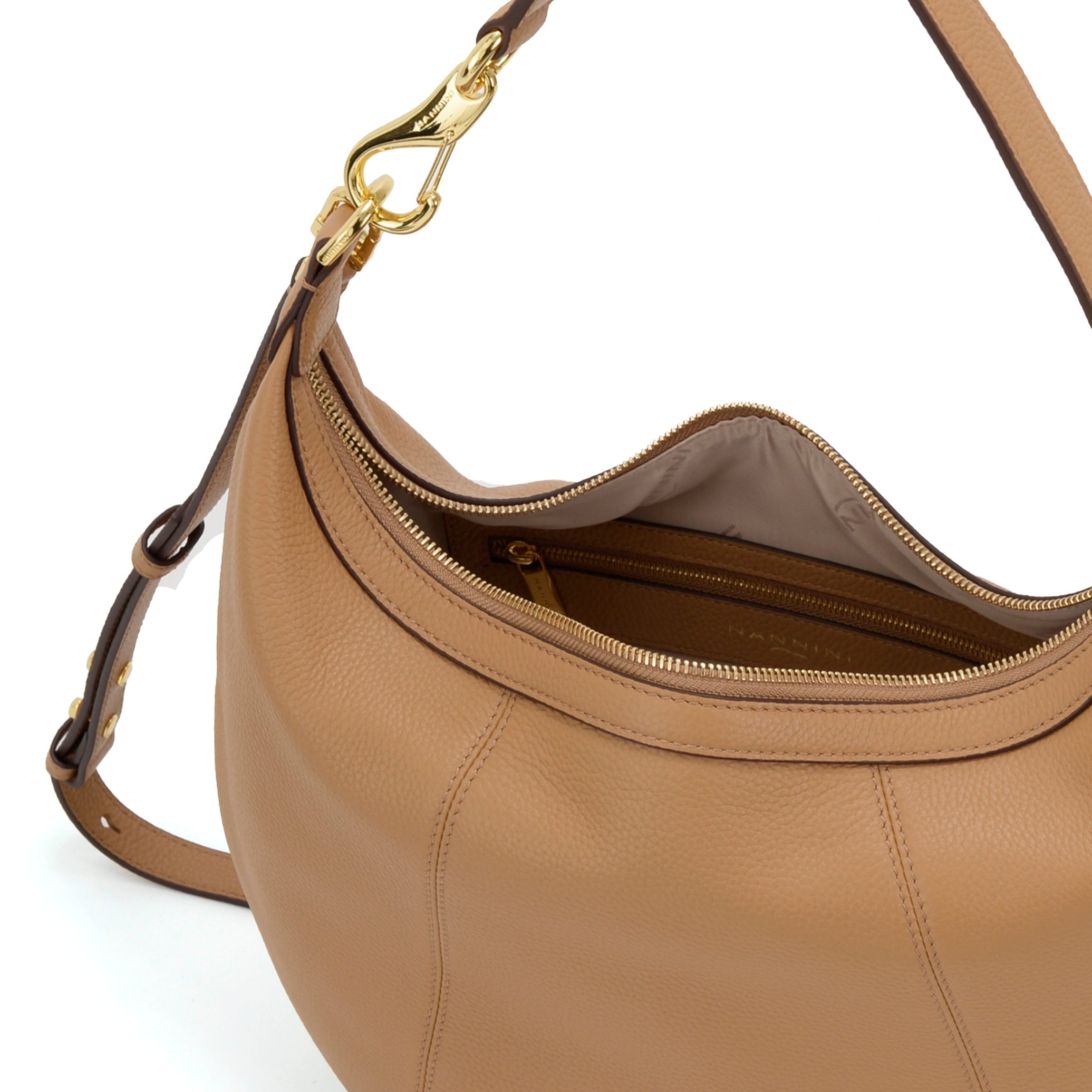 NANNINI borsa spalla donna pelle martellata camel catena gold