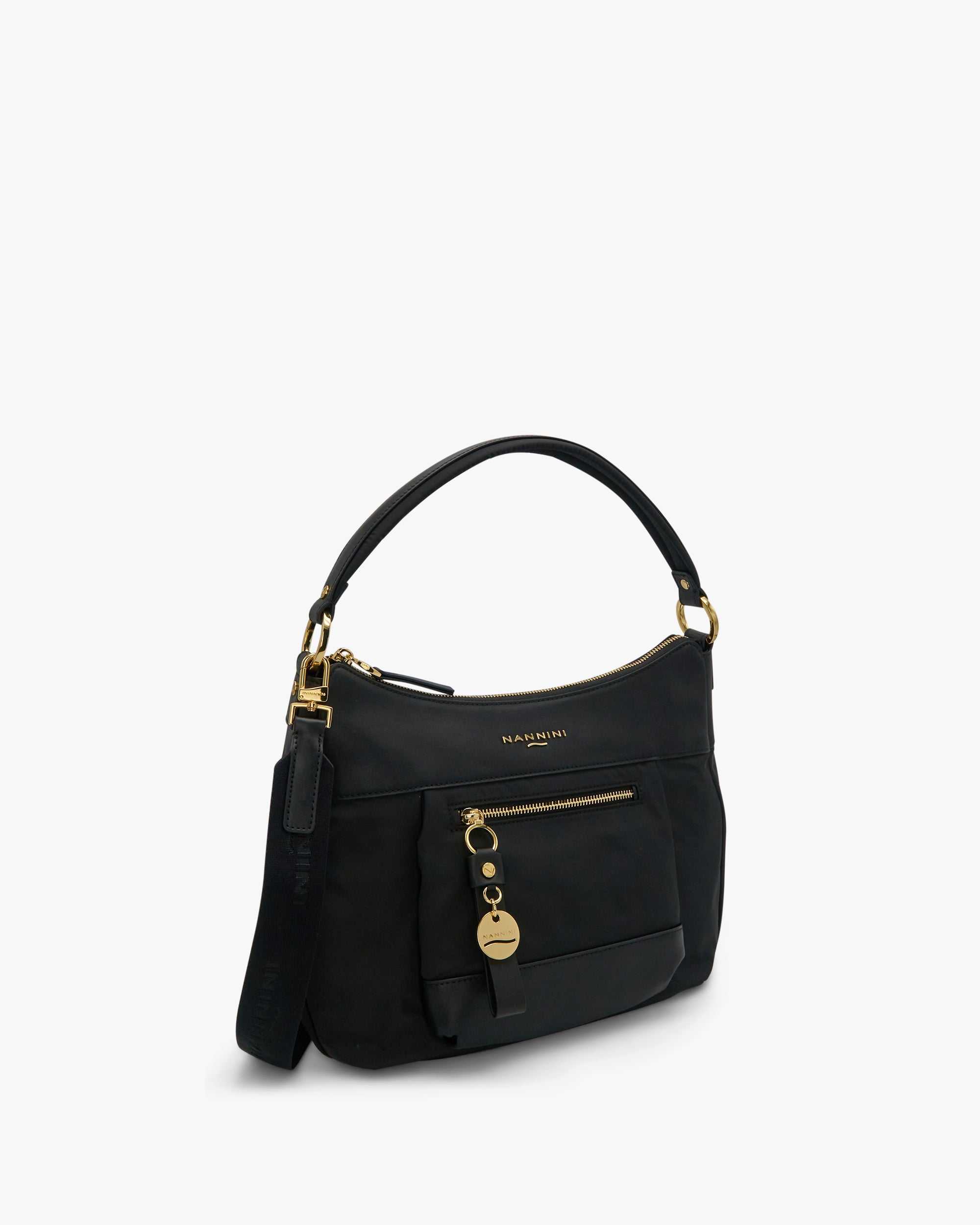 NANNINI pochette pelle nera tracolla borchie catena oro