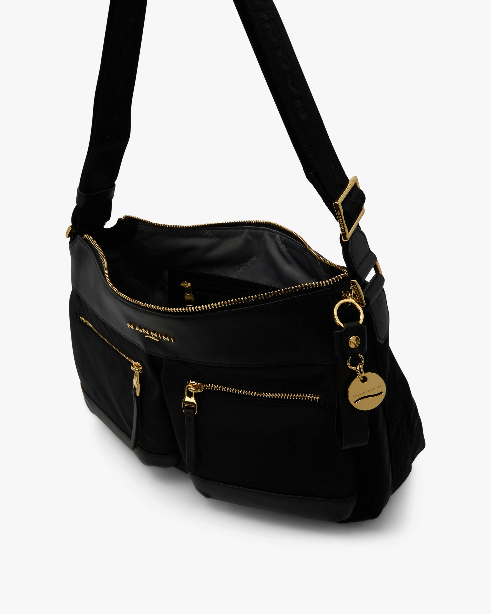 NANNINI borsa secchiello pelle marrone due manici tracolla logo