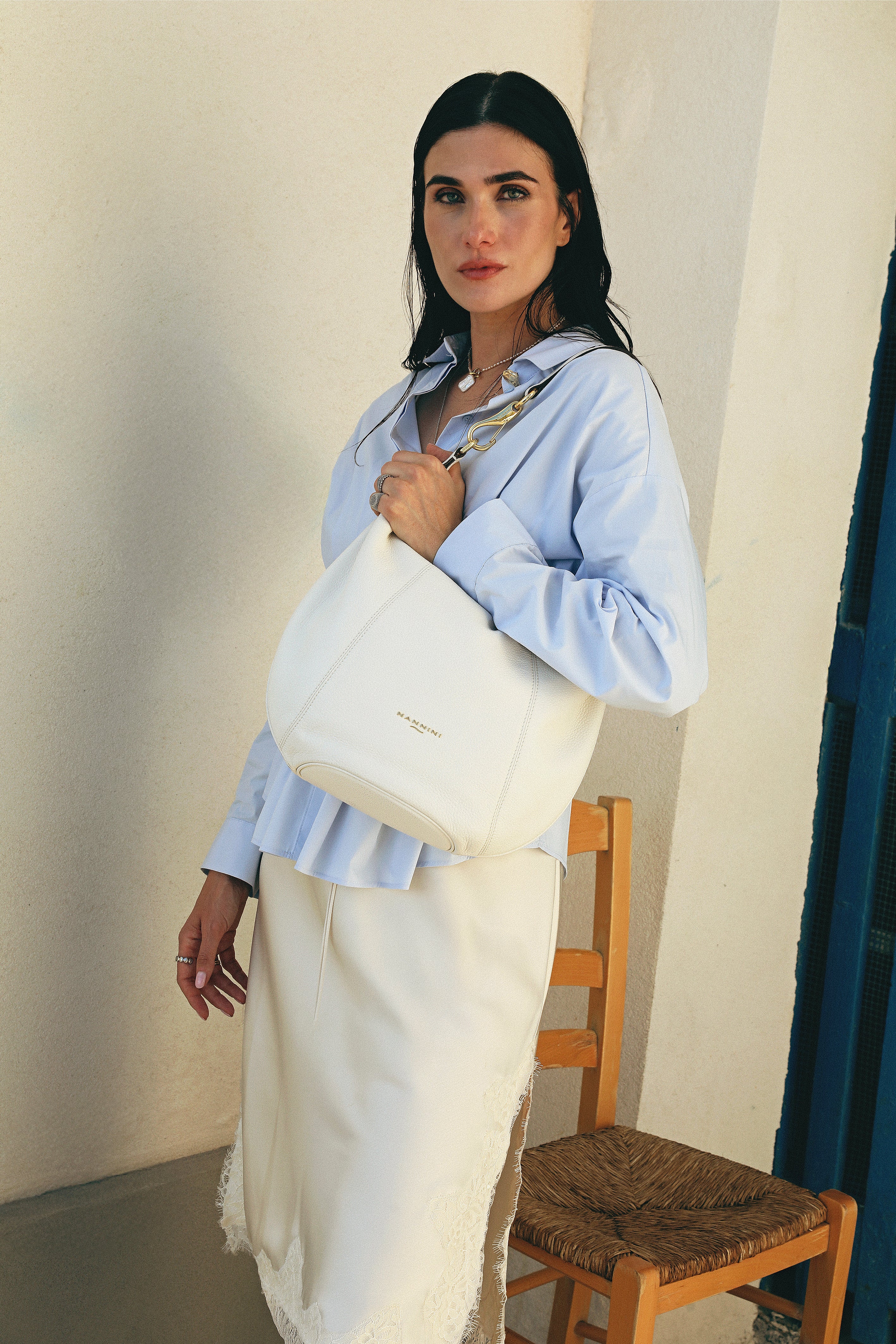 NANNINI borsa secchiello pelle liscia marrone con logo